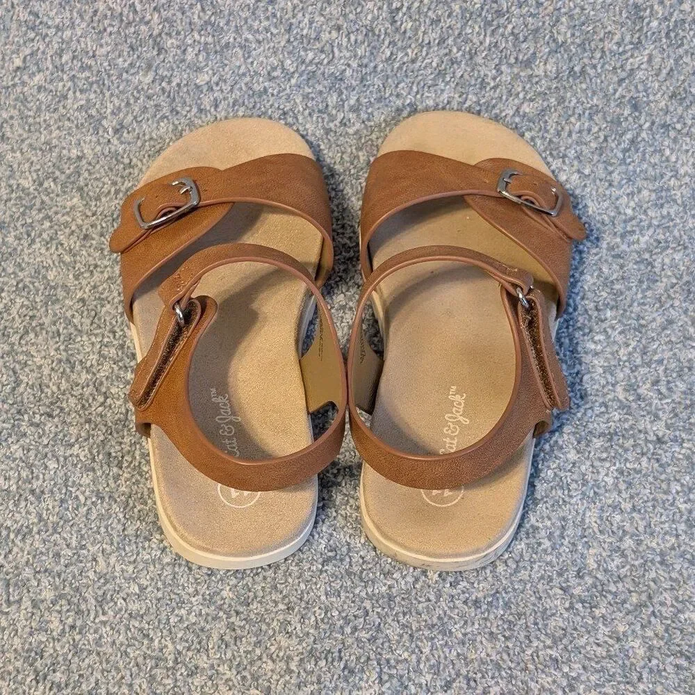Cat & Jack Girls Size 11 Cognac Brown Shaelyn Molded Footbed Hook Loop Sandals